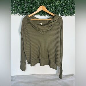 Free People Wildcat Thermal Sweater Olive Green Cowl Neck Size Small